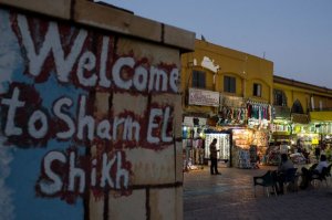 Shop owners watch for consumers in Old marketplace region in Sharm El Sheikh, Egypt