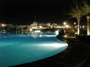 The Hilton's lagoons during the night